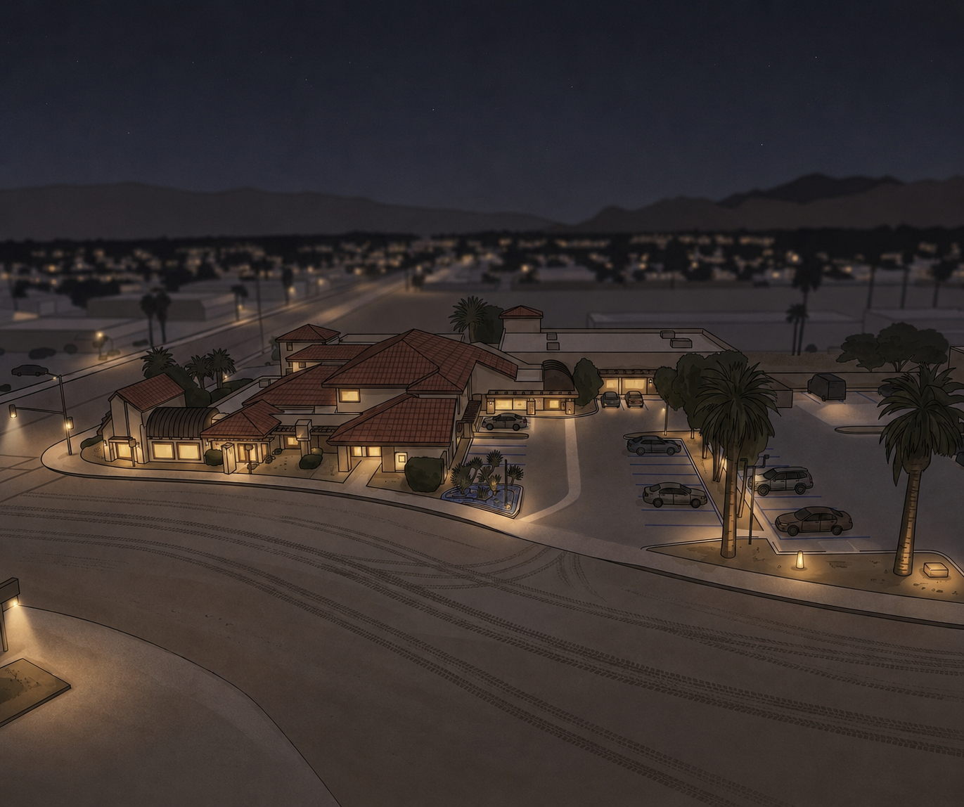 Aerial illustration of House of Style at night with its parking lot directly beside the building, entered from San Pablo Ave
