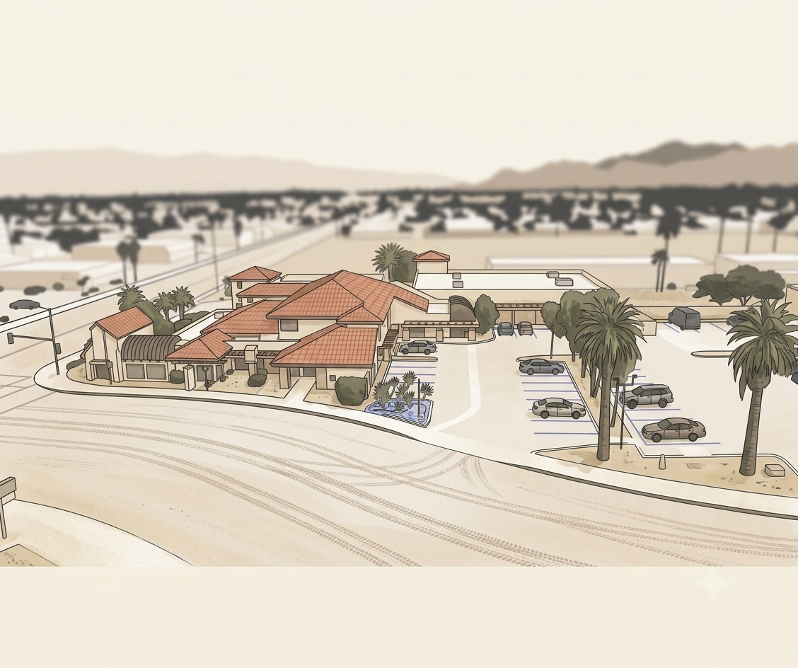Aerial illustration of House of Style with its parking lot directly beside the building, entered from San Pablo Ave